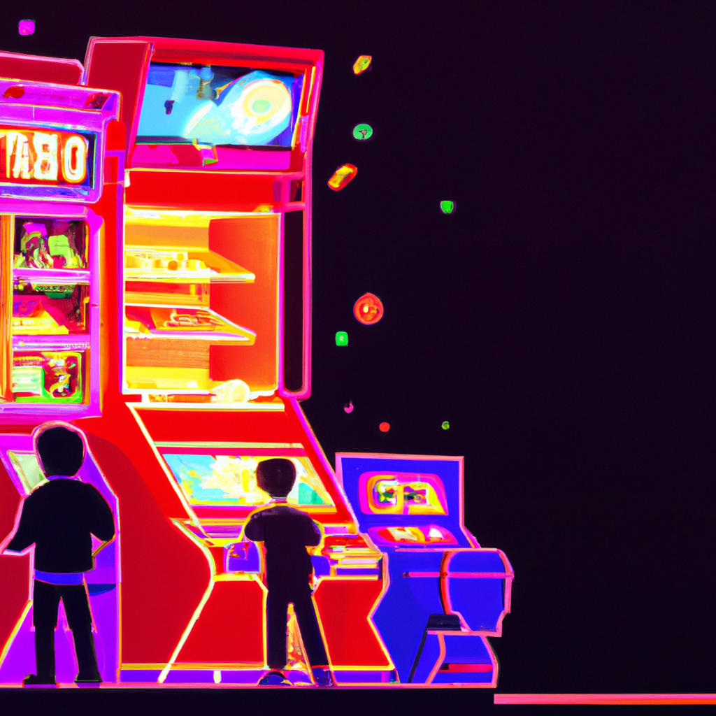 Arcade cabinet being played, neon crowd, dynamic HUD
